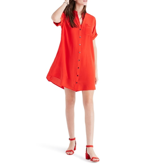 red silk shirt dress
